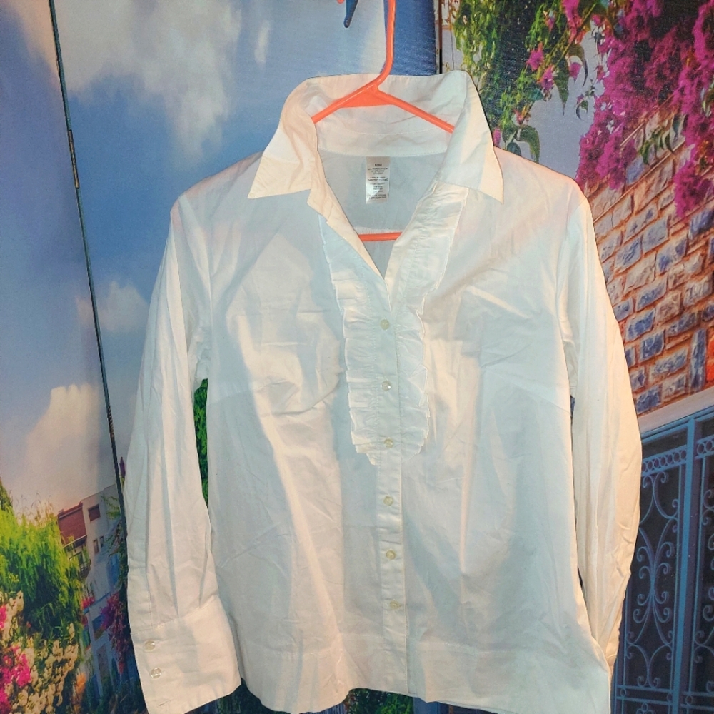 M&M White Button Down Shirt. Ruffles Front. Blouse Look